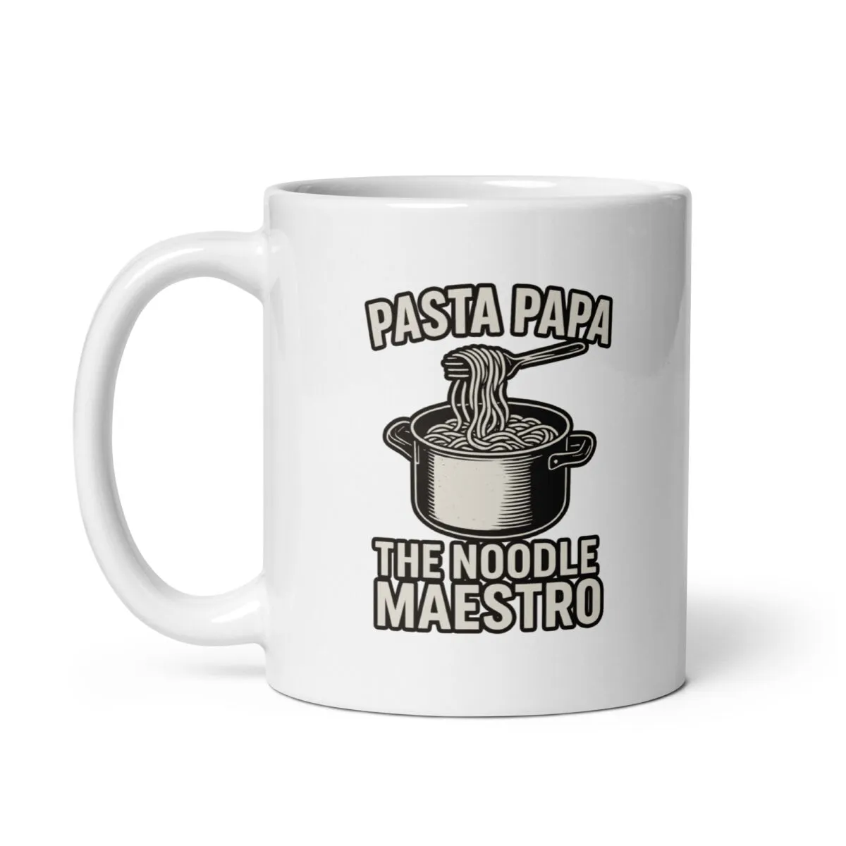 Pasta-themed mug with humorous noodle design.
