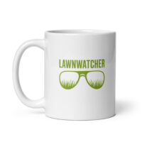 White mug with Lawnwatcher logo design.