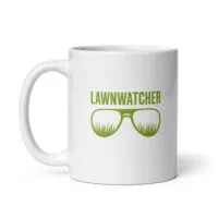 White mug with Lawnwatcher logo design.