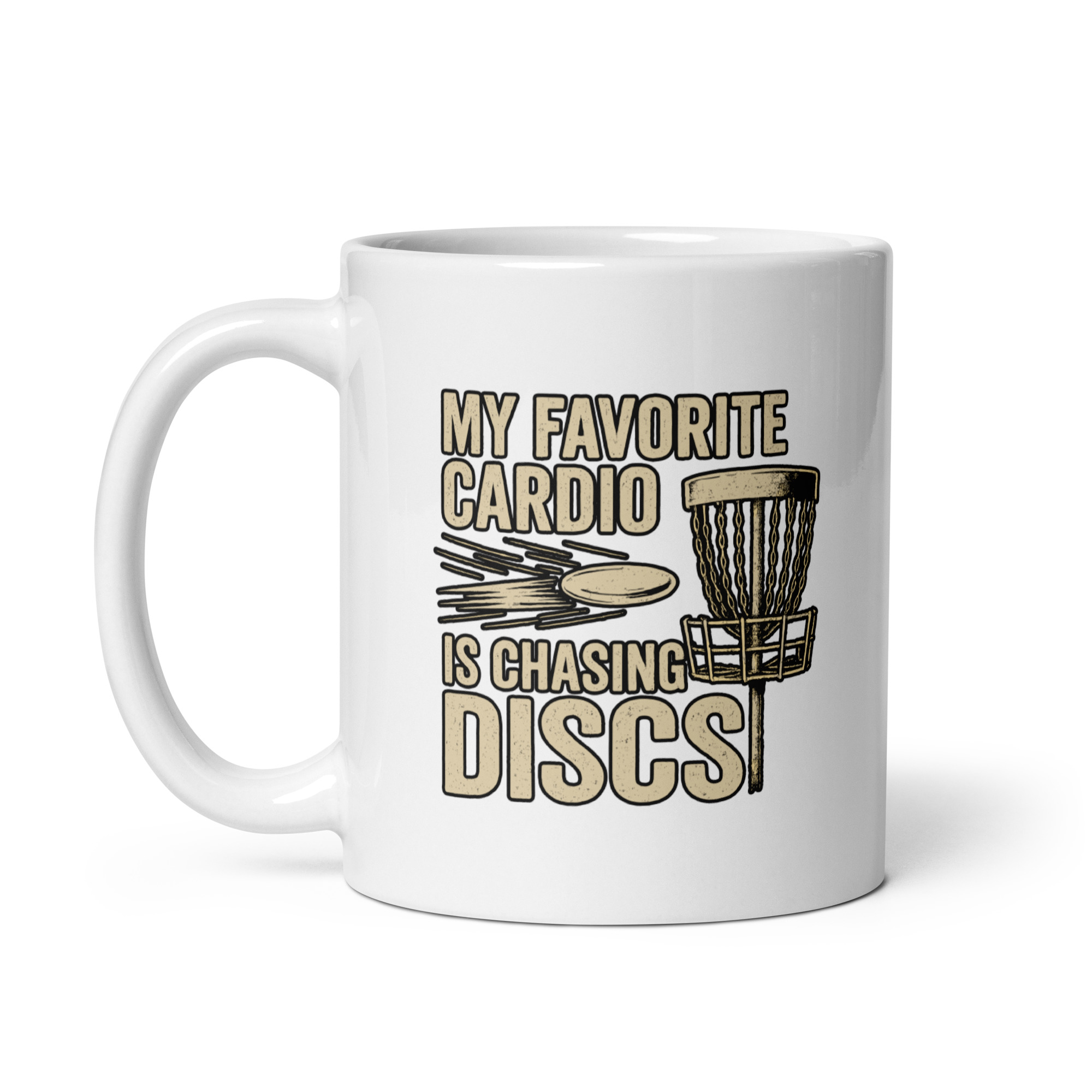 white-glossy-mug-white-11-oz-handle-on-left-68f61bf70e530.jpg Mug with disc golf design and text about cardio.