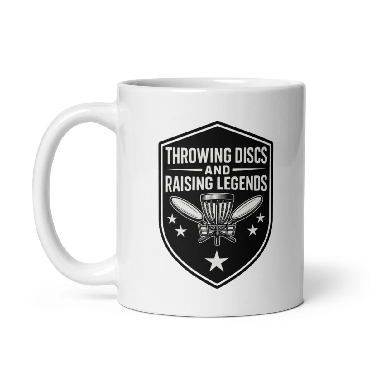 Mug with disc golf graphic and stars design.