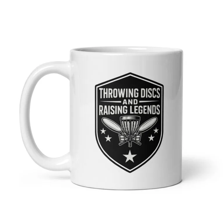 Mug with disc golf graphic and stars design.