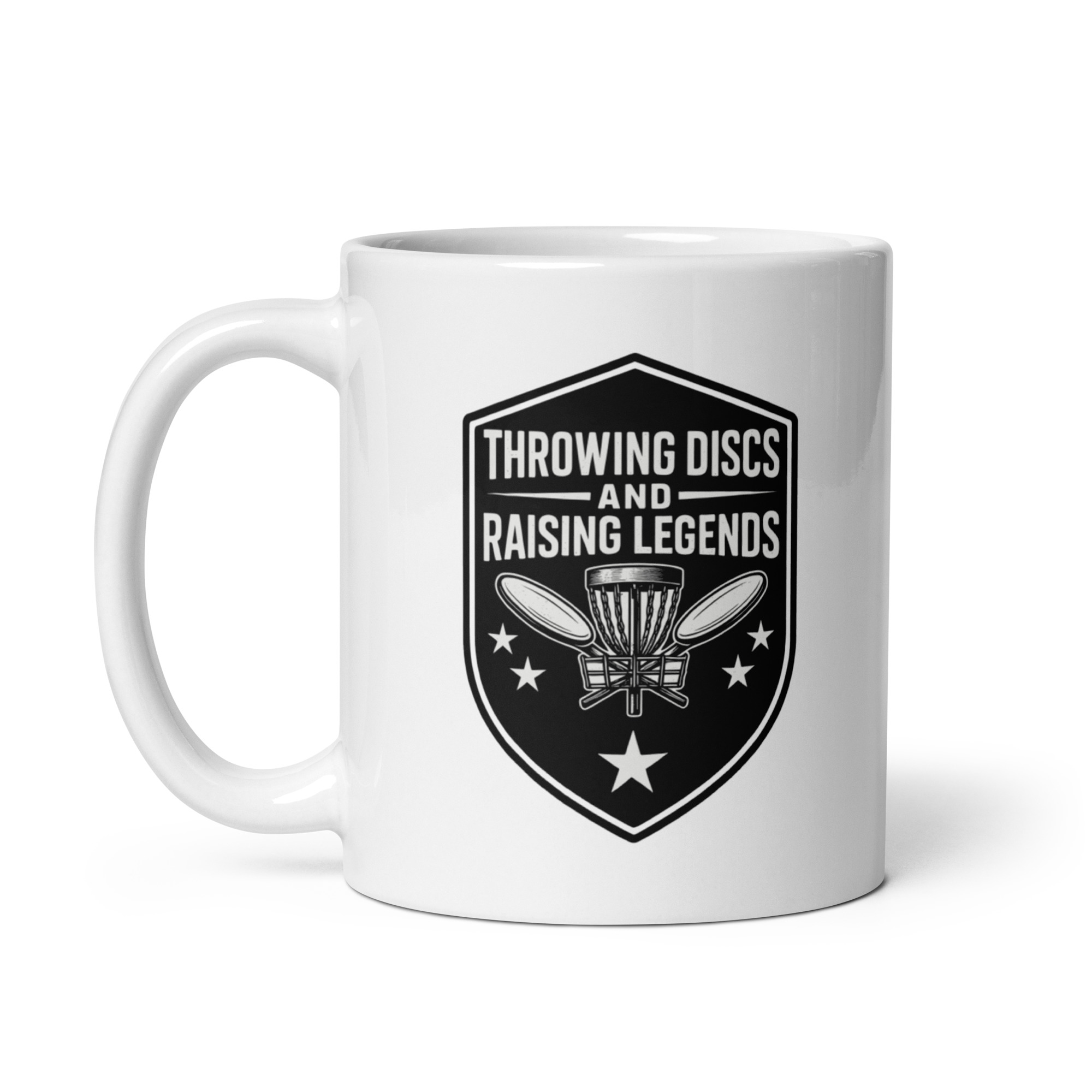 white-glossy-mug-white-11-oz-handle-on-left-68f61cf45e034.jpg Mug with disc golf graphic and stars design.