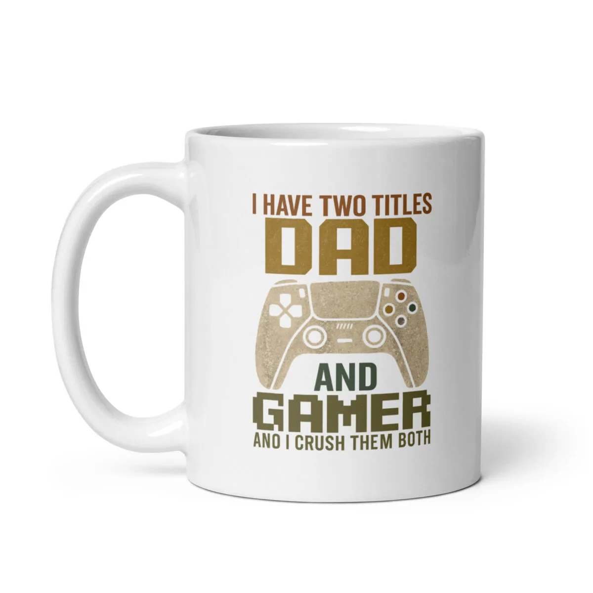 White mug with 'Dad and Gamer' text design.