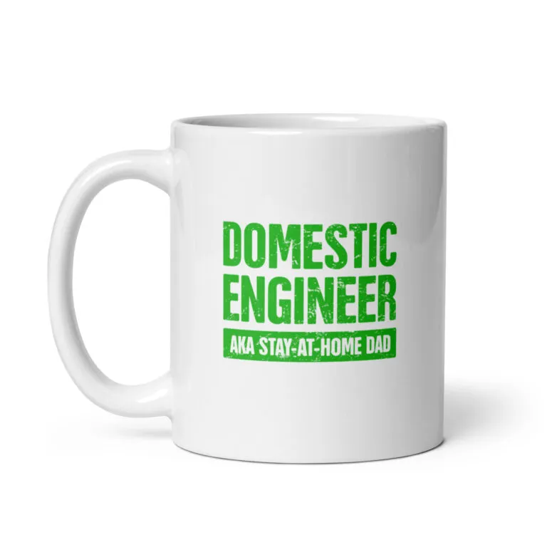 White mug with 'Domestic Engineer' green text