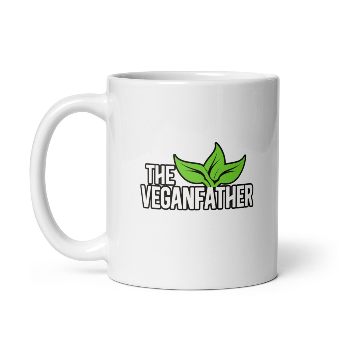 White mug with 'The Veganfather' text and leaves