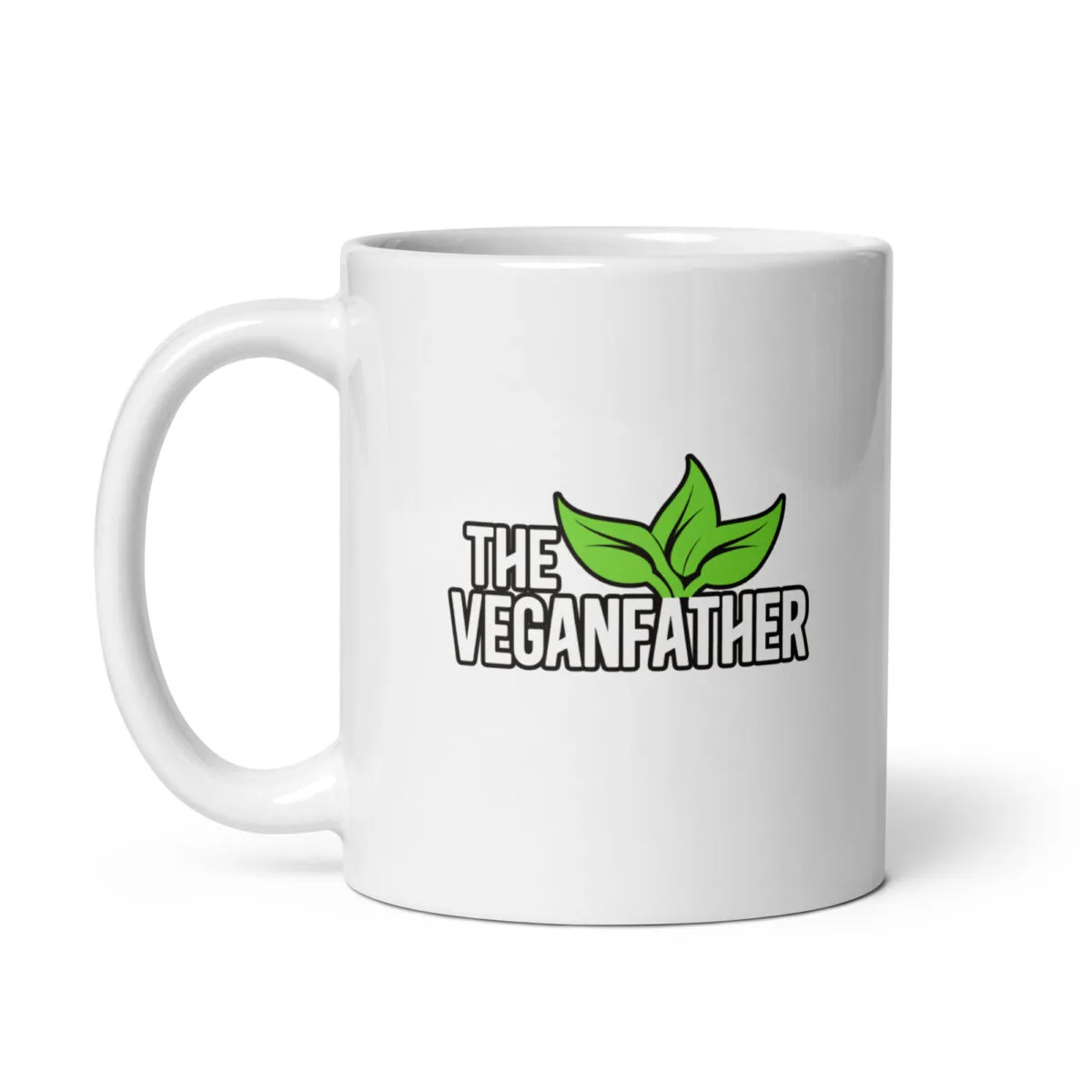 White mug with 'The Veganfather' text and leaves