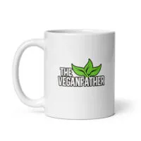 White mug with 'The Veganfather' text and leaves