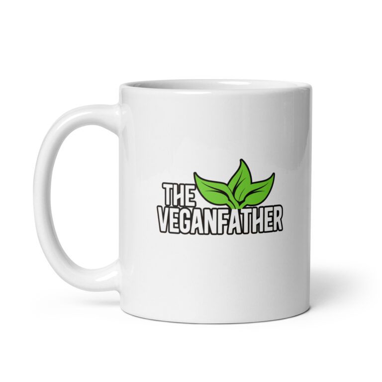 White mug with 'The Veganfather' text and leaves