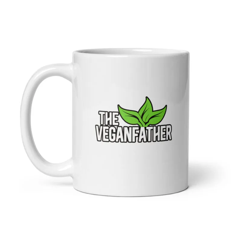 White mug with 'The Veganfather' text and leaves