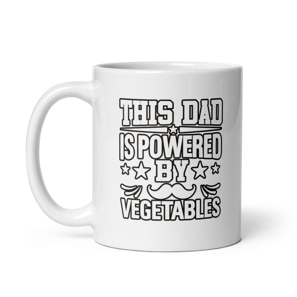 White mug with 'Powered by Vegetables' text.
