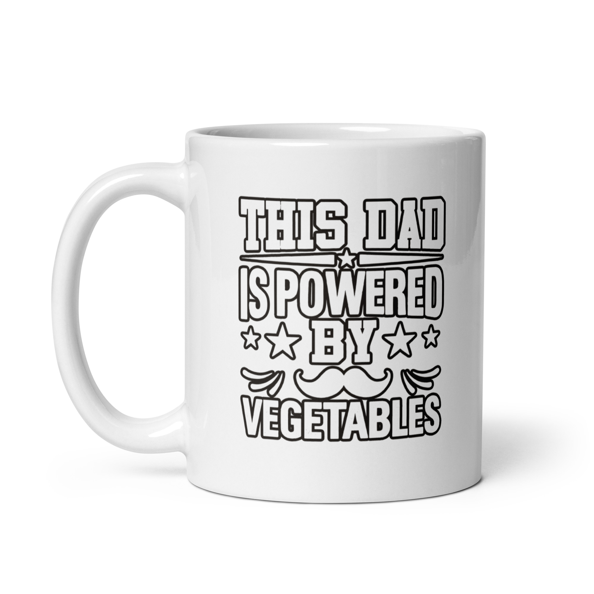 white-glossy-mug-white-11-oz-handle-on-left-68f7258e6fbfb.jpg White mug with 'Powered by Vegetables' text.