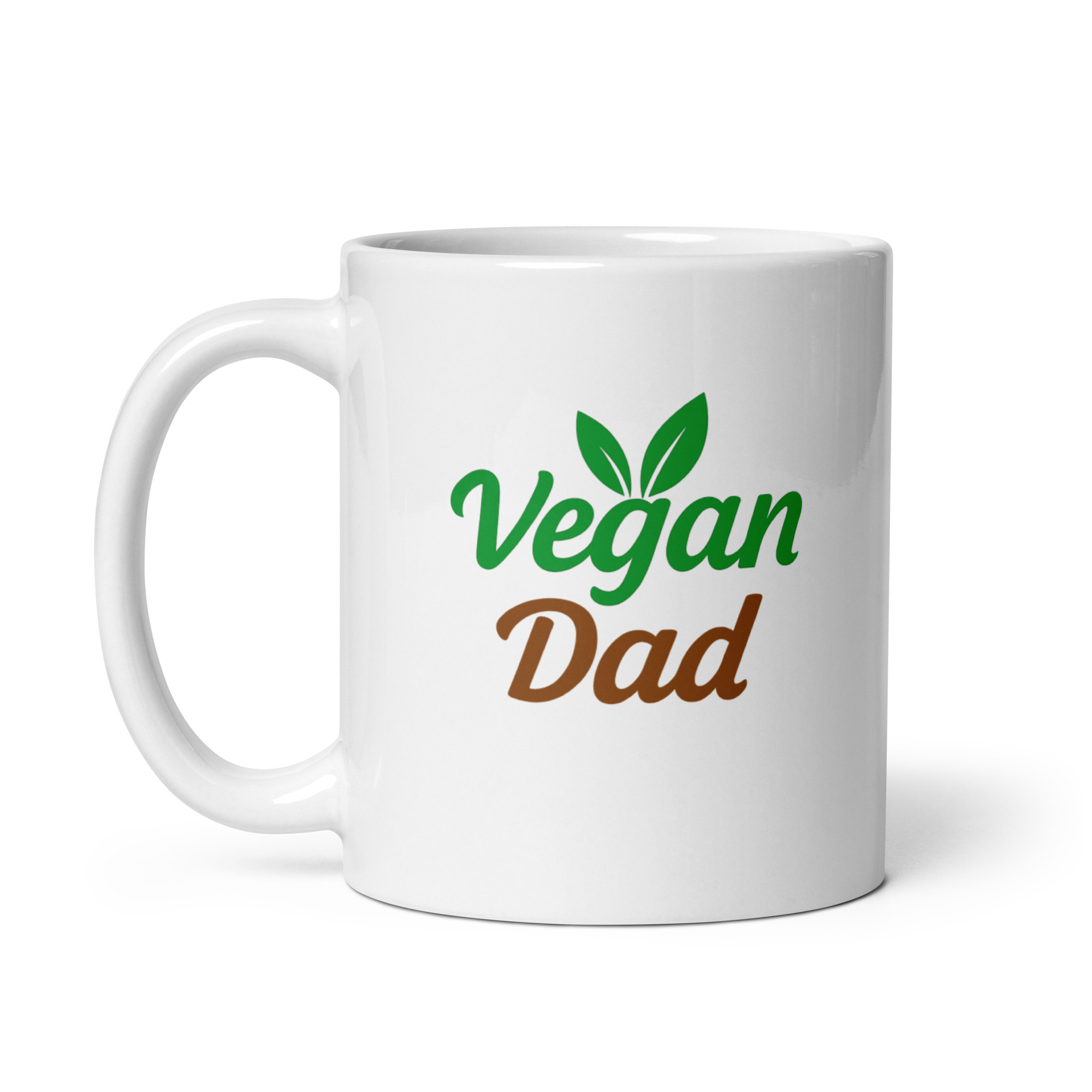 white-glossy-mug-white-11-oz-handle-on-left-68f7273e834c1.jpg White mug featuring 'Vegan Dad' design.