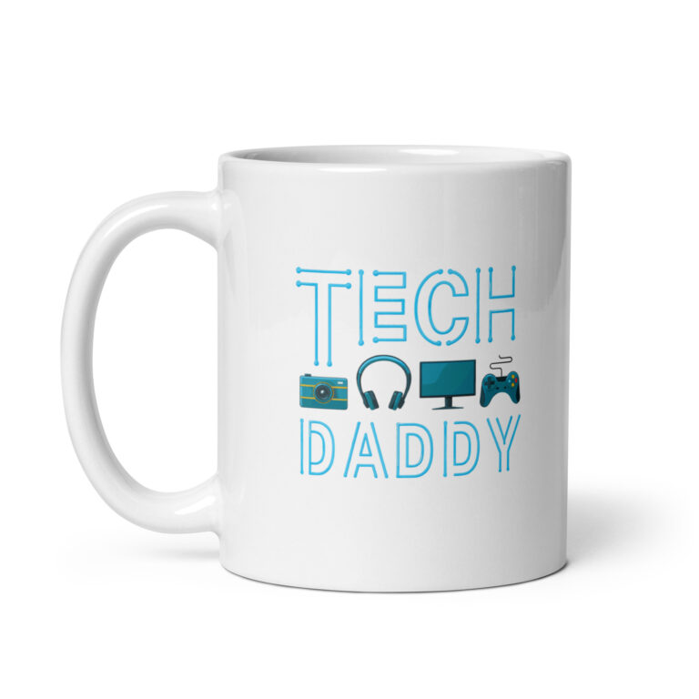 White mug with 'Tech Daddy' design.