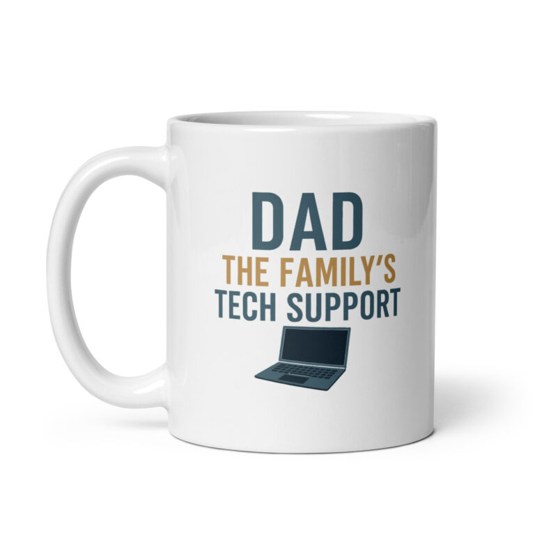 Mug with dad tech support text and laptop graphic.