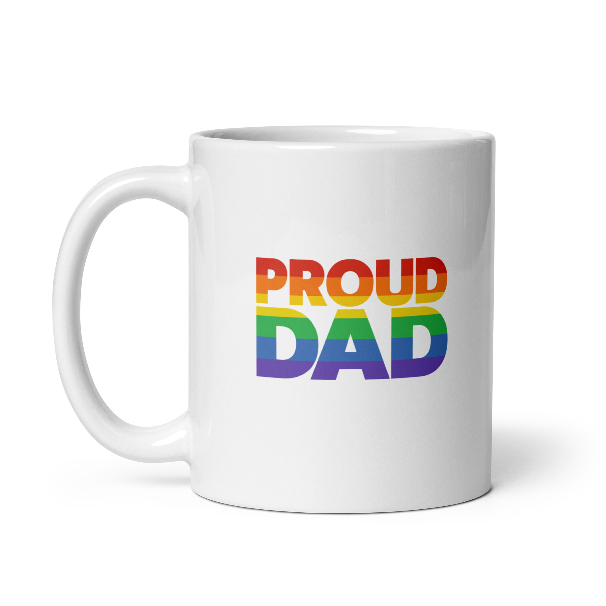 white-glossy-mug-white-11-oz-handle-on-left-68f732c28b7fc.jpg White mug with rainbow 'Proud Dad' text