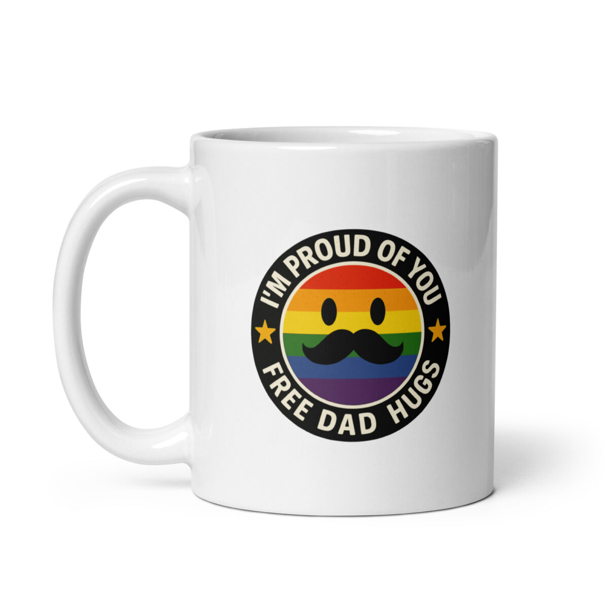 White mug with proud rainbow mustache design.