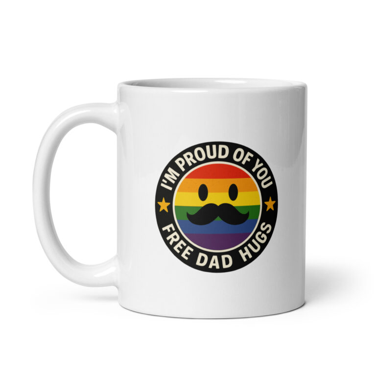 White mug with proud rainbow mustache design.