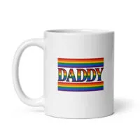 White mug with rainbow 'DADDY' text.