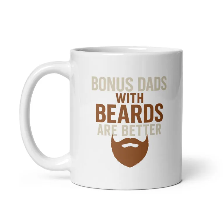 White mug with funny beard-themed dad quote.