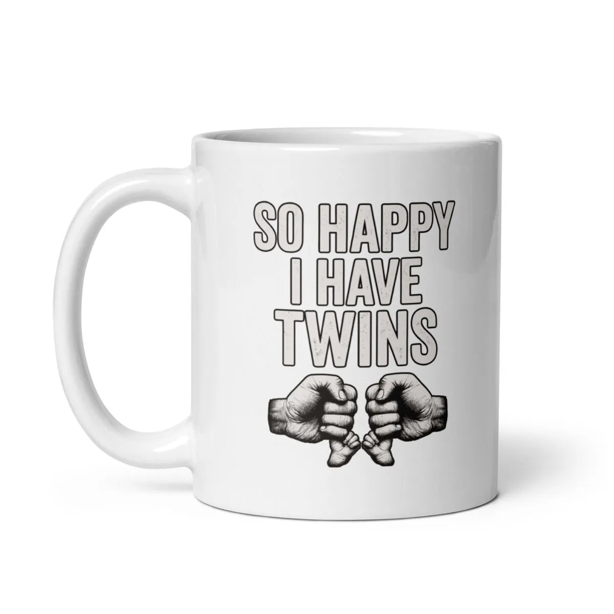 White mug with 'So Happy I Have Twins' text.