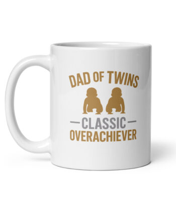 White mug with 'Dad of Twins' design.