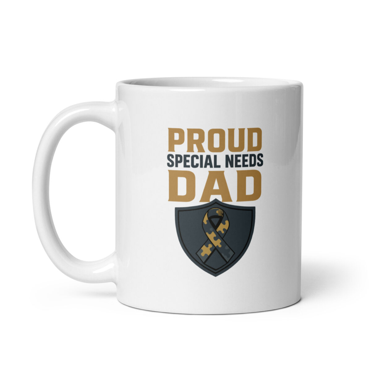 White mug with 'Proud Special Needs Dad' text