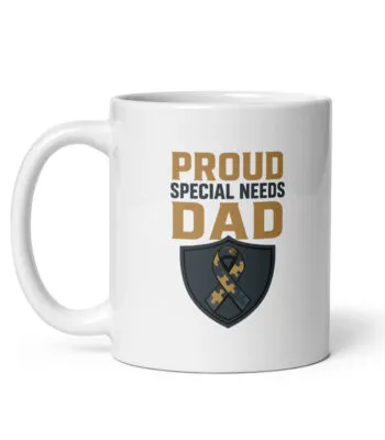 White mug with 'Proud Special Needs Dad' text