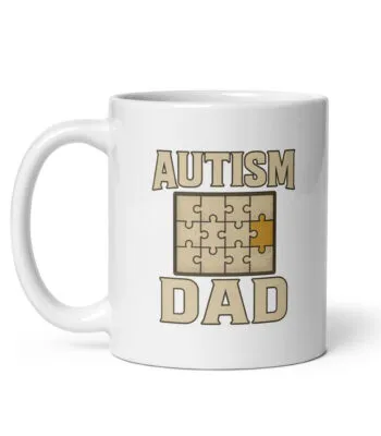 Autism Dad mug with puzzle piece design.