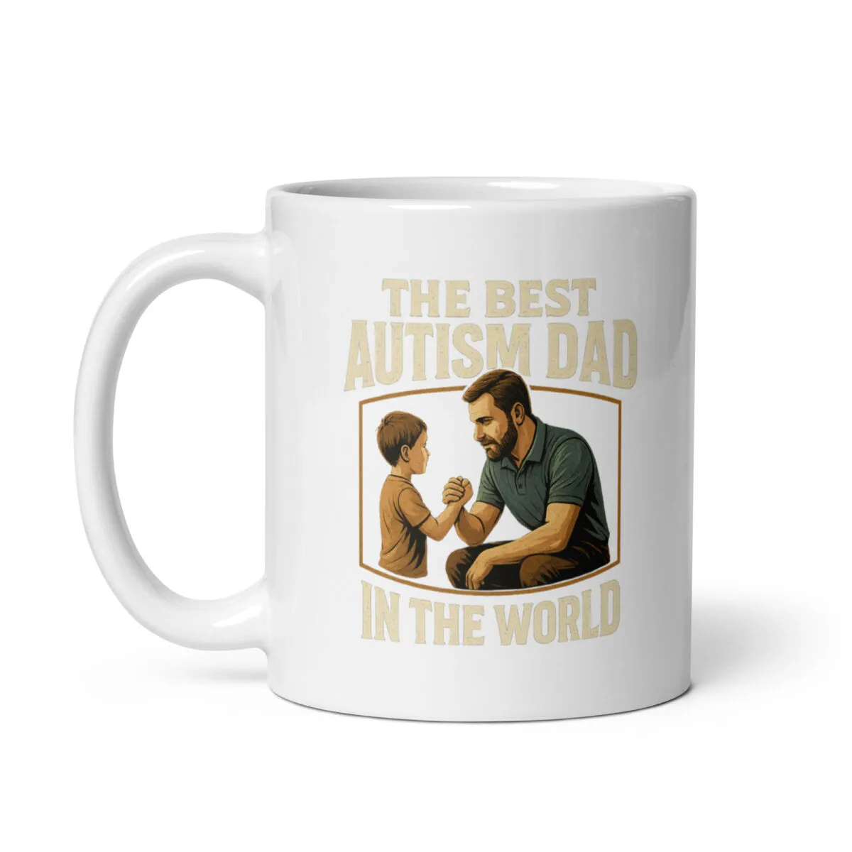Autism dad mug with father and child illustration.