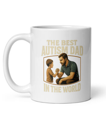 Autism dad mug with father and child illustration.