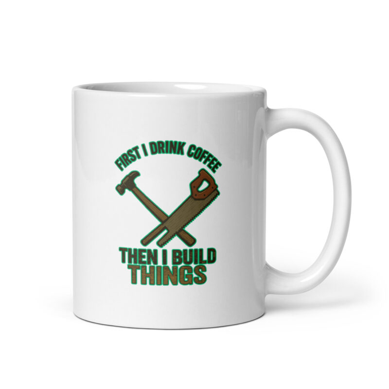 Coffee mug with hammer and saw design