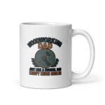 Woodworking dad mug with humorous text and hammer logo.
