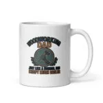 Woodworking dad mug with humorous text and hammer logo.