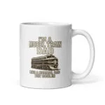 White mug with model train dad design.