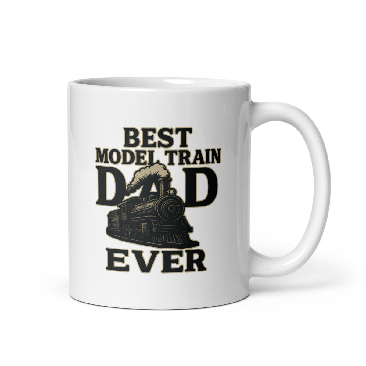 White mug with 'Best Model Train Dad' design.