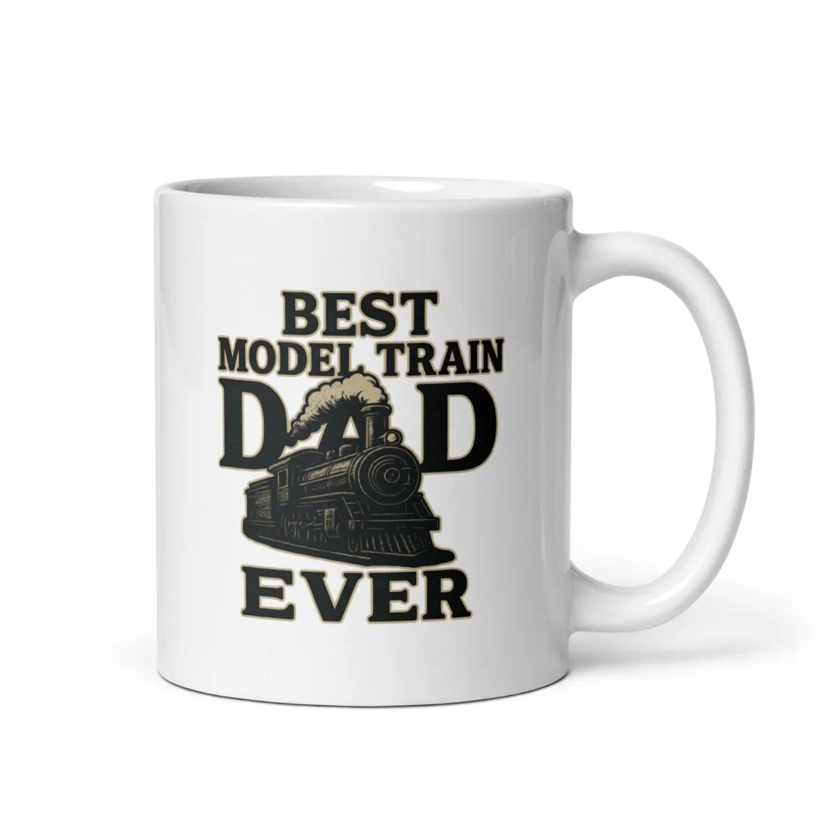 White mug with 'Best Model Train Dad' design.