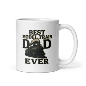 White mug with 'Best Model Train Dad' design.