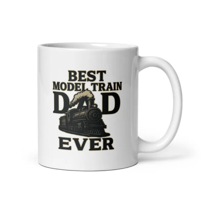 White mug with 'Best Model Train Dad' design.
