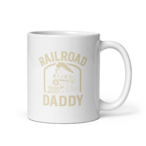 White mug with 'Railroad Daddy' print