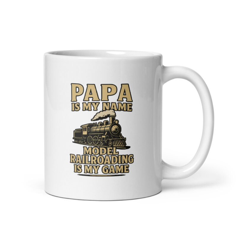 White mug with train and text design