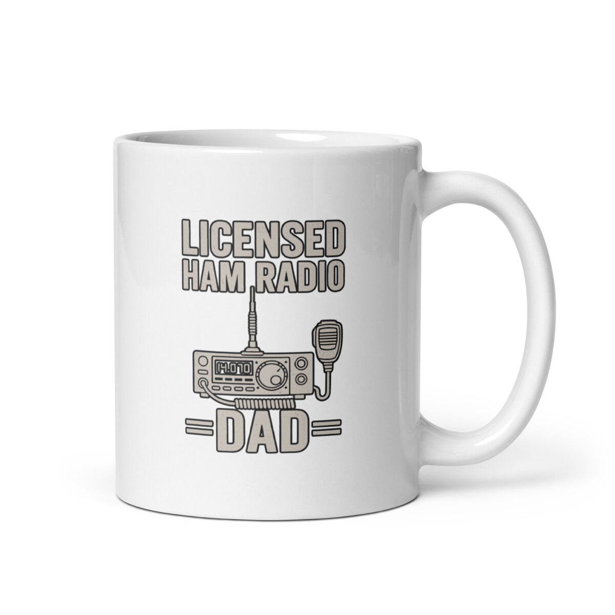 White mug with licensed ham radio dad design.