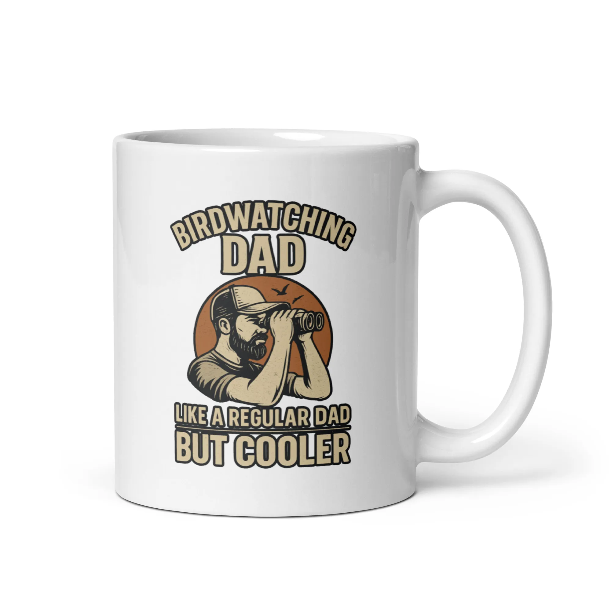 white-glossy-mug-white-11-oz-handle-on-right-68e5f2c19a47e.jpg Mug featuring birdwatching dad design and text.