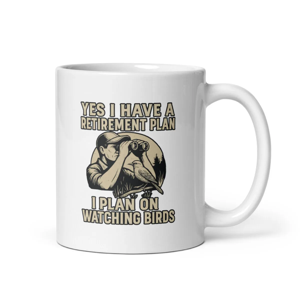Mug with birdwatching retirement message and illustration.