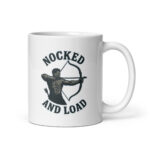 Mug with archer graphic and 'Nocked and Load' text.