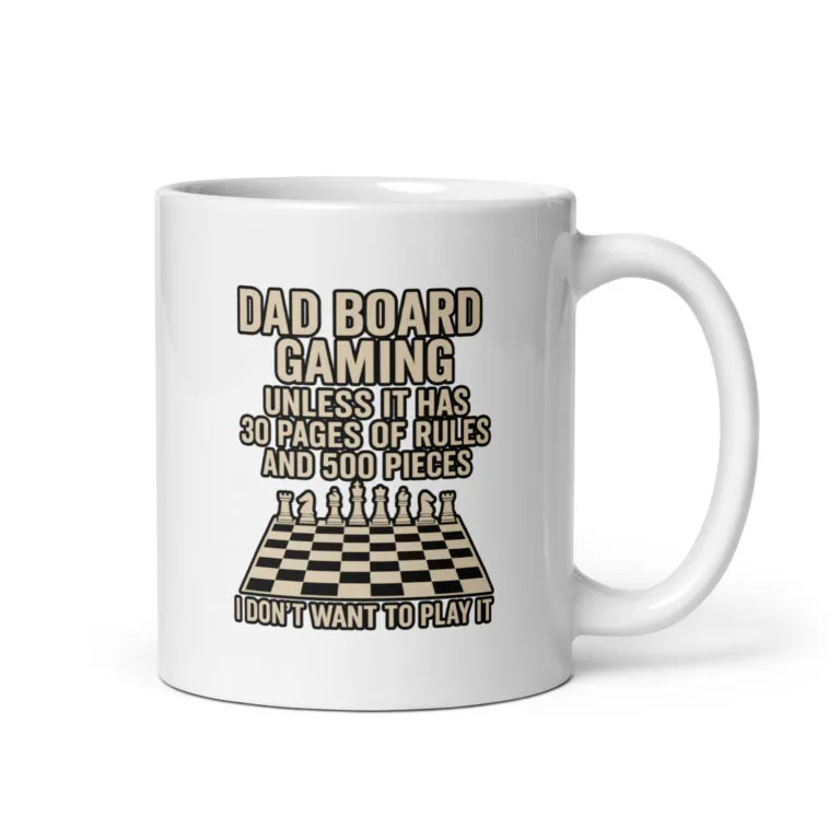 Chess-themed mug with humorous dad joke.