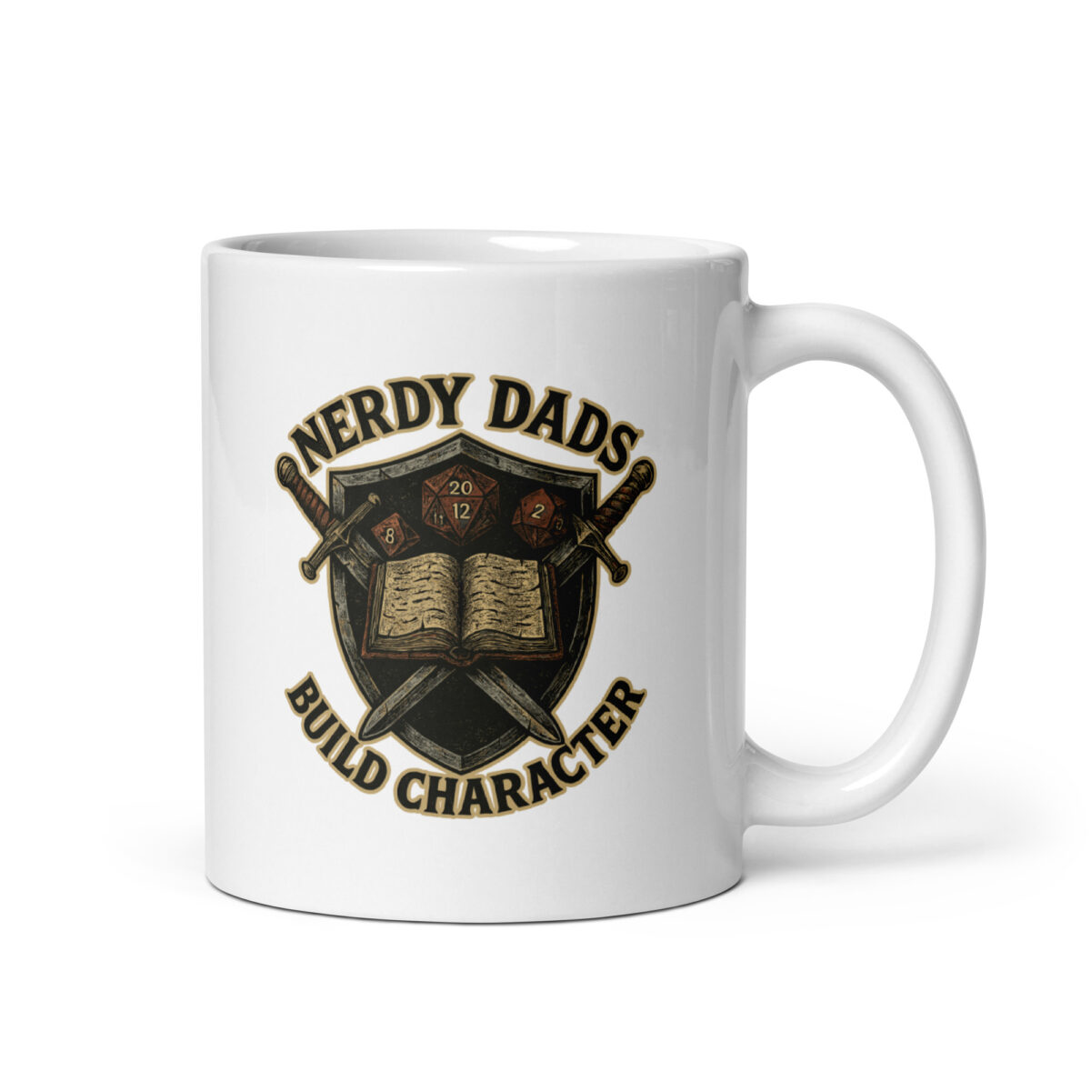 Mug with 'Nerdy Dads Build Character' design print.