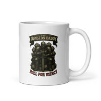 Dungeon Daddy mug with knight and dice design.