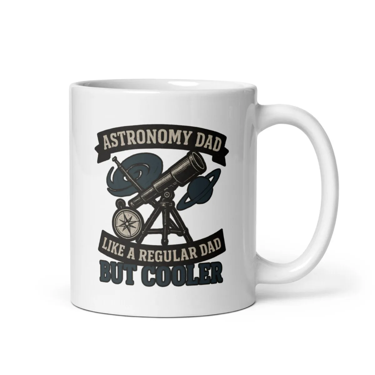 Astronomy dad mug with telescope and planets design.