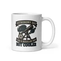 Astronomy dad mug with telescope and planets design.